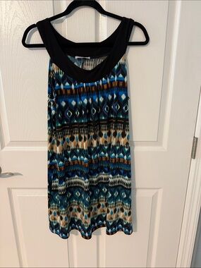 Sleeveless Printed Tank Dress with Black Yoke - Blue Multi